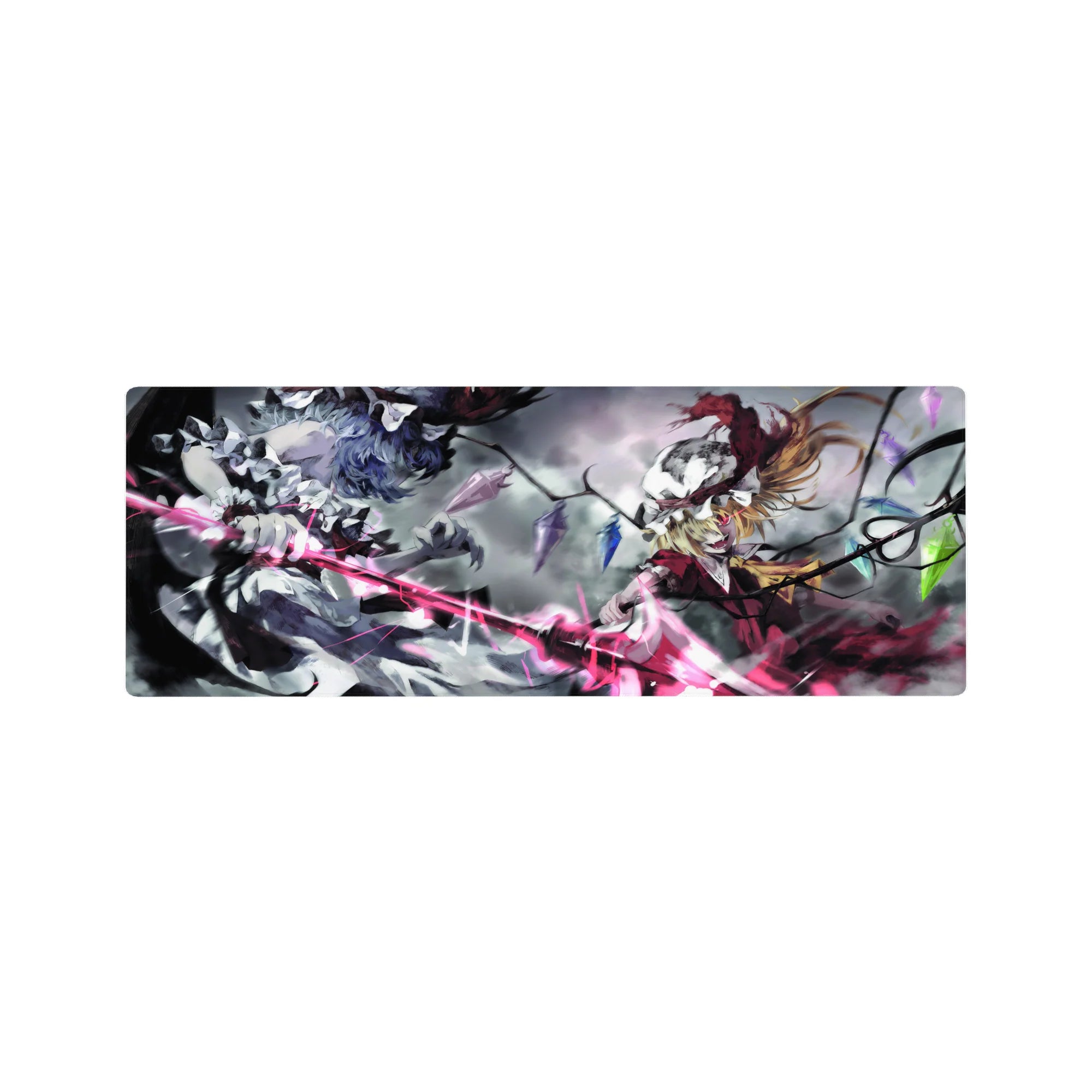 Touhou anime mouse pad 32x12 inches with Remilia and Flandre in a stormy gothic action scene.