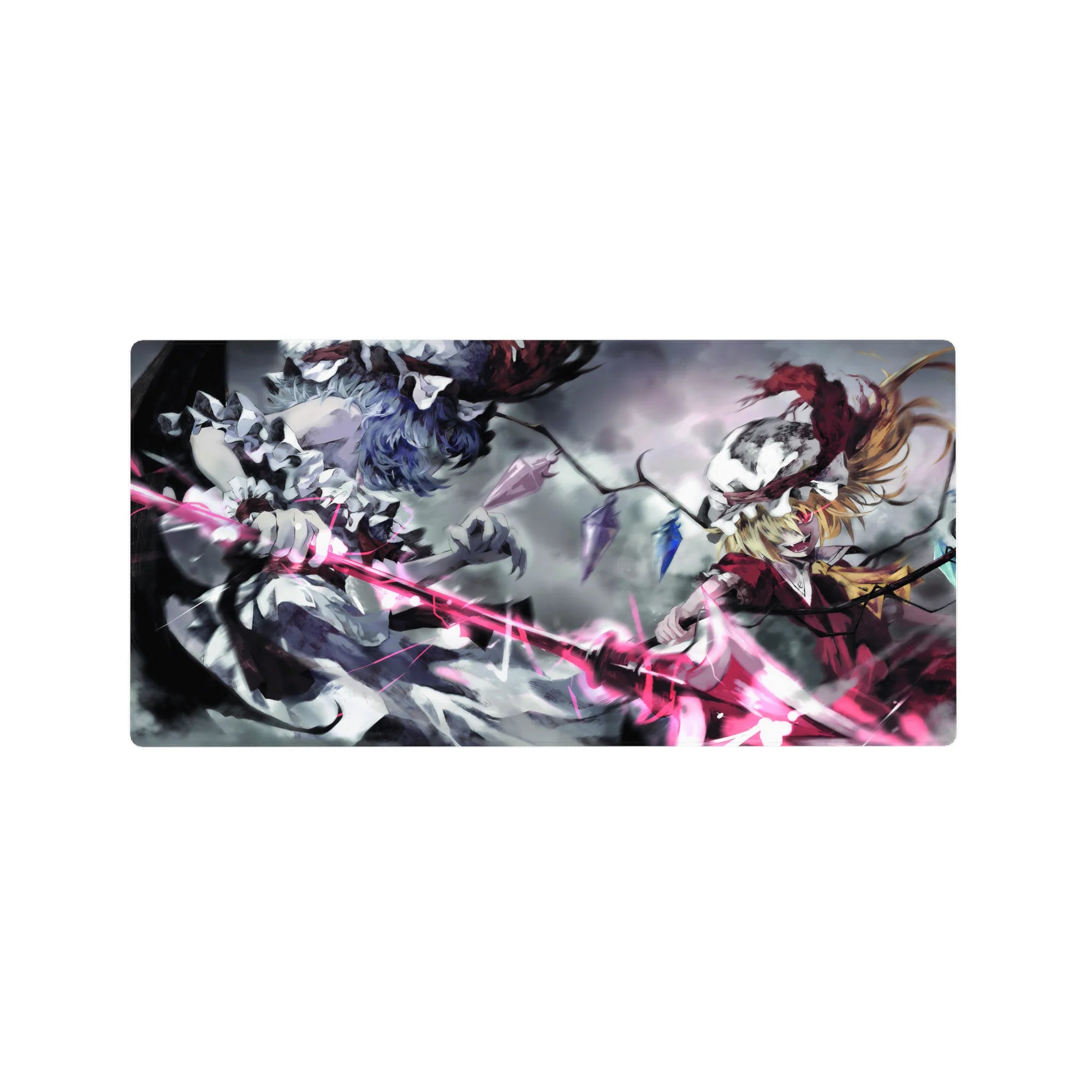 Anime mouse pad 32x16 inches with gothic Touhou duo, wings, crystal shards, and stormy sky.