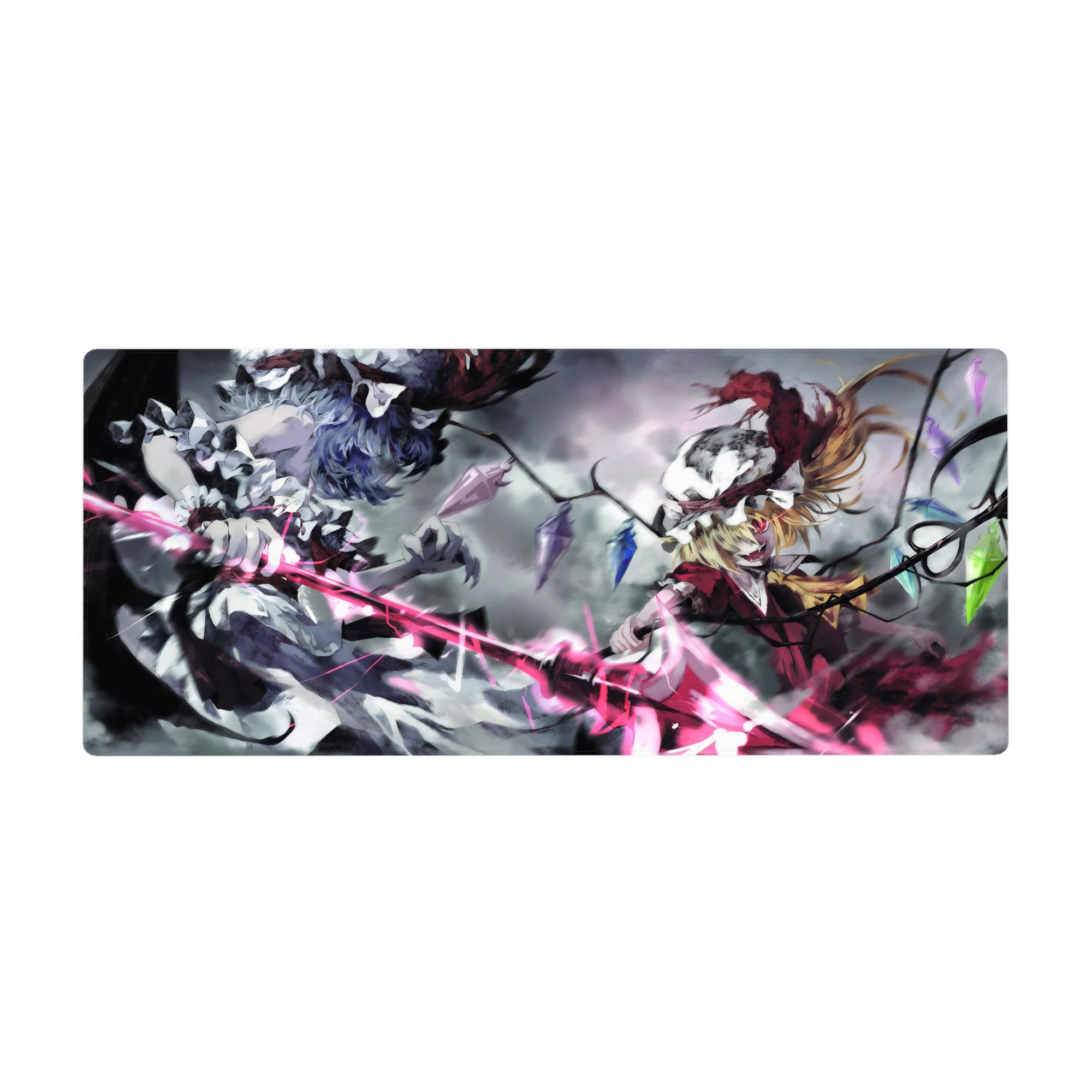 Touhou anime desk pad 36x16 inches with Remilia and Flandre, wings, crystal shards, and storm sky.