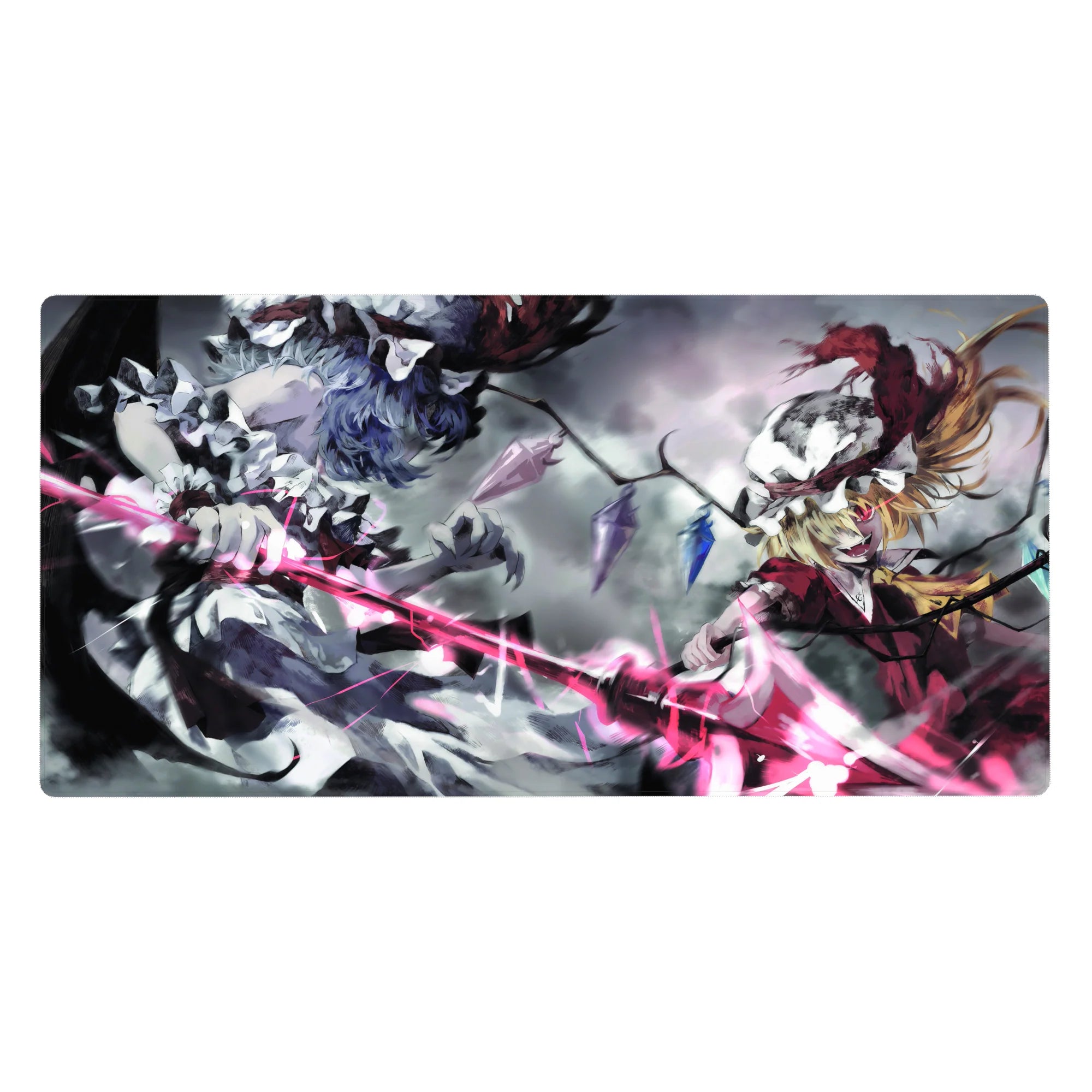 Touhou anime desk pad 40x20 inches with Remilia and Flandre in a stormy gothic battle scene.
