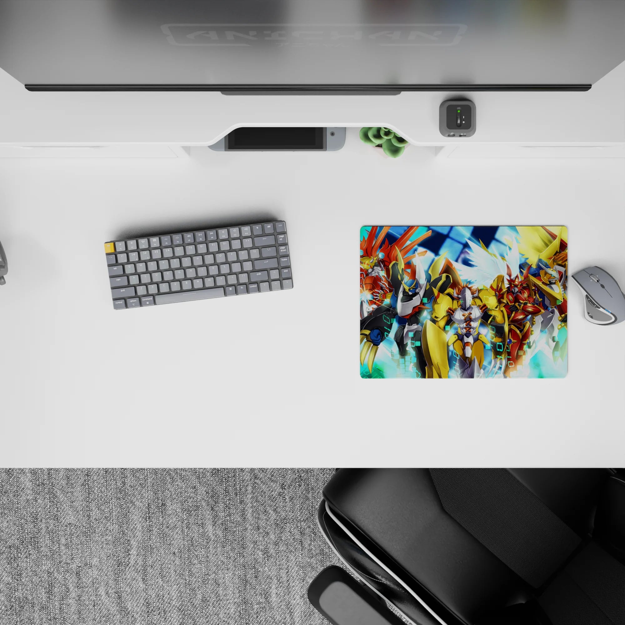 Anime mouse pad 14x10 inches in gold, crimson, and cobalt, glowing energy bursts over a digital storm.
