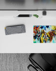 Anime mouse pad 14x10 inches in gold, crimson, and cobalt, glowing energy bursts over a digital storm.