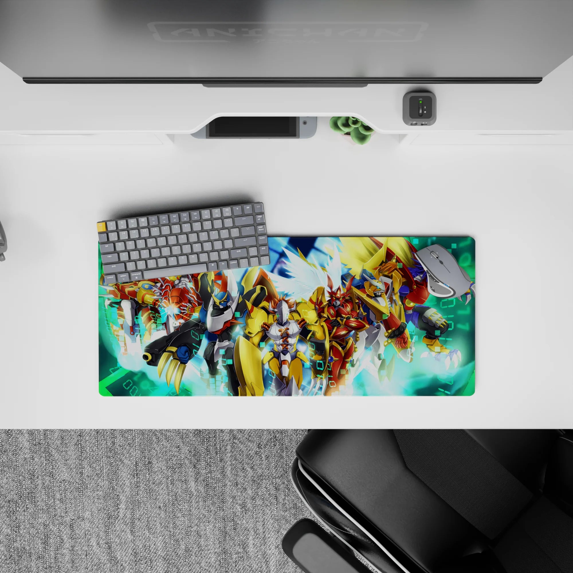 28x12 inches anime mouse pad in gold, crimson, and cobalt with glowing energy bursts and fast cyber vibe.
