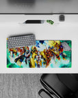 28x12 inches anime mouse pad in gold, crimson, and cobalt with glowing energy bursts and fast cyber vibe.
