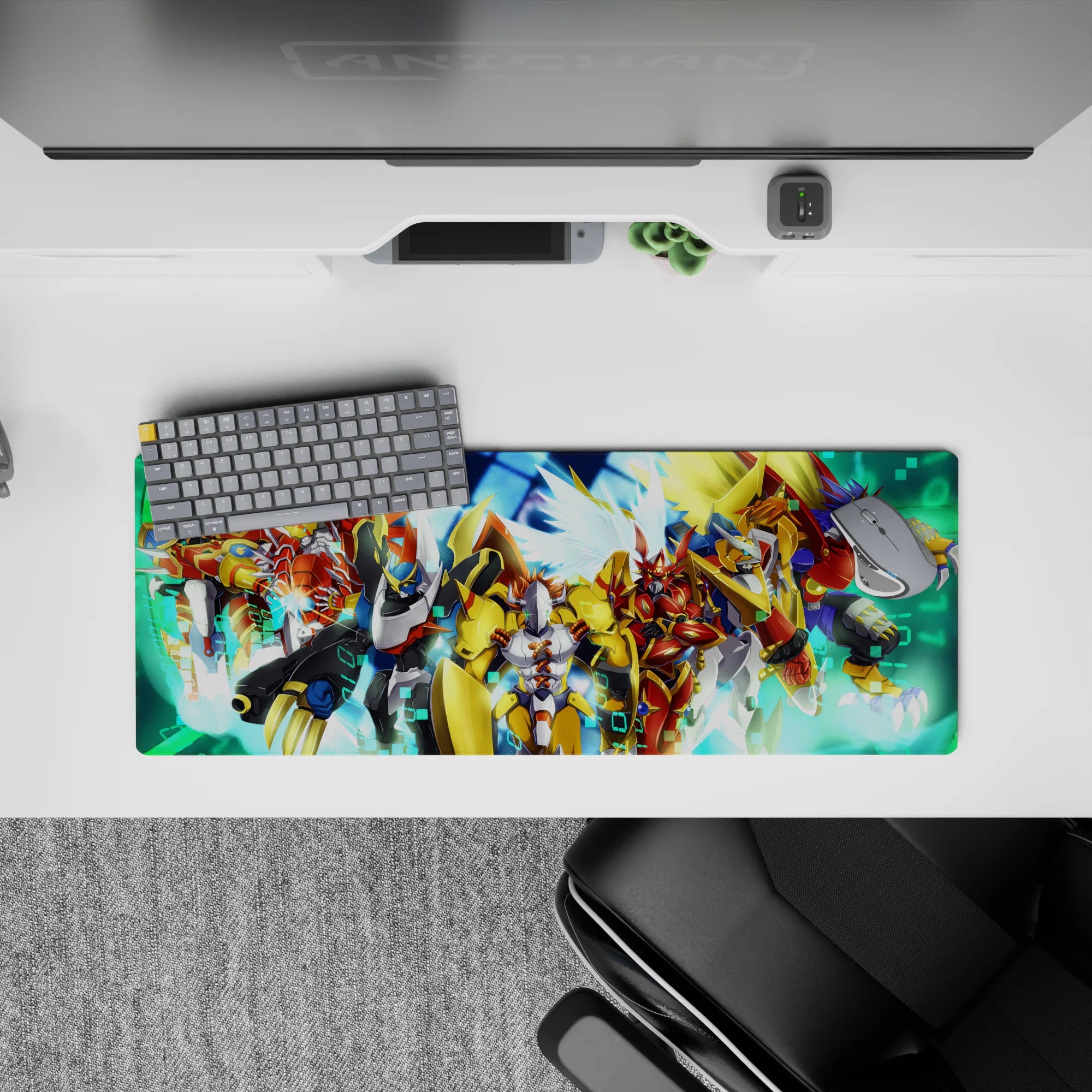 32x12 inches anime mouse pad in gold, crimson, and cobalt, glowing energy bursts in a digital storm.