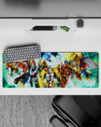 32x12 inches anime mouse pad in gold, crimson, and cobalt, glowing energy bursts in a digital storm.