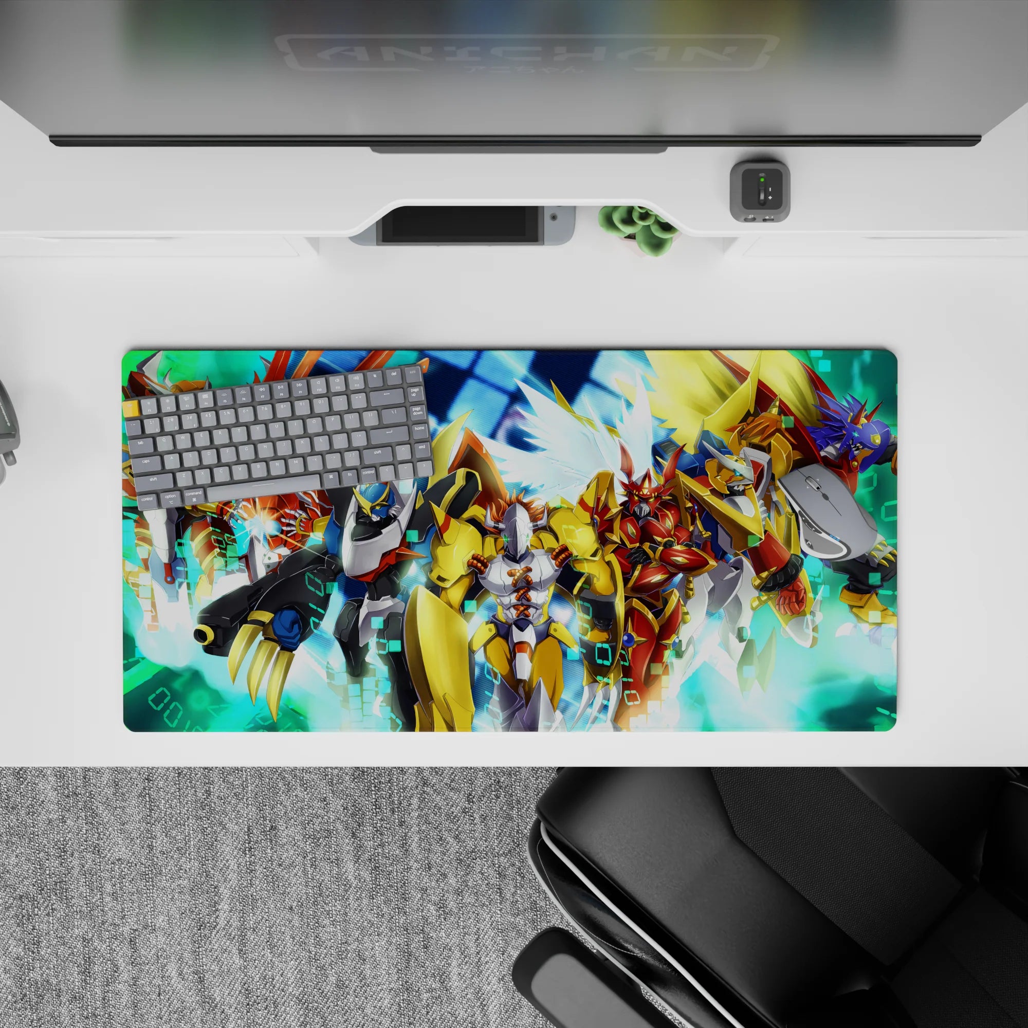 32x16 inches anime mouse pad in gold, crimson, and cobalt, electric energy bursts over a neon grid.