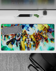 32x16 inches anime mouse pad in gold, crimson, and cobalt, electric energy bursts over a neon grid.