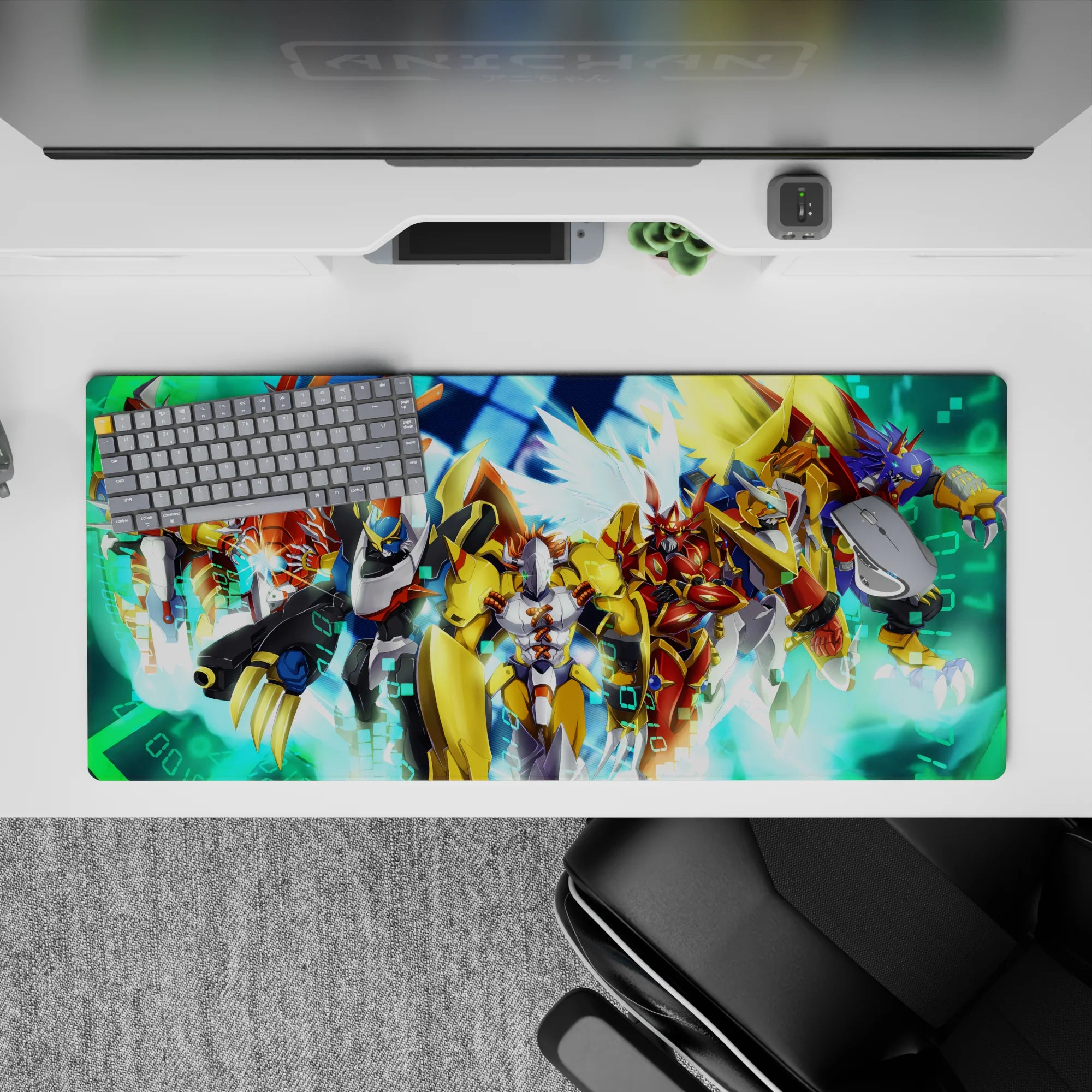 36x16 inches anime desk pad in gold, crimson, and cobalt, glowing energy bursts in a digital storm.