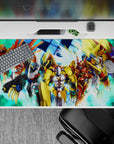 40x20 inches anime mouse pad in gold, crimson, and cobalt, with glowing energy bursts and digital storm vibe.