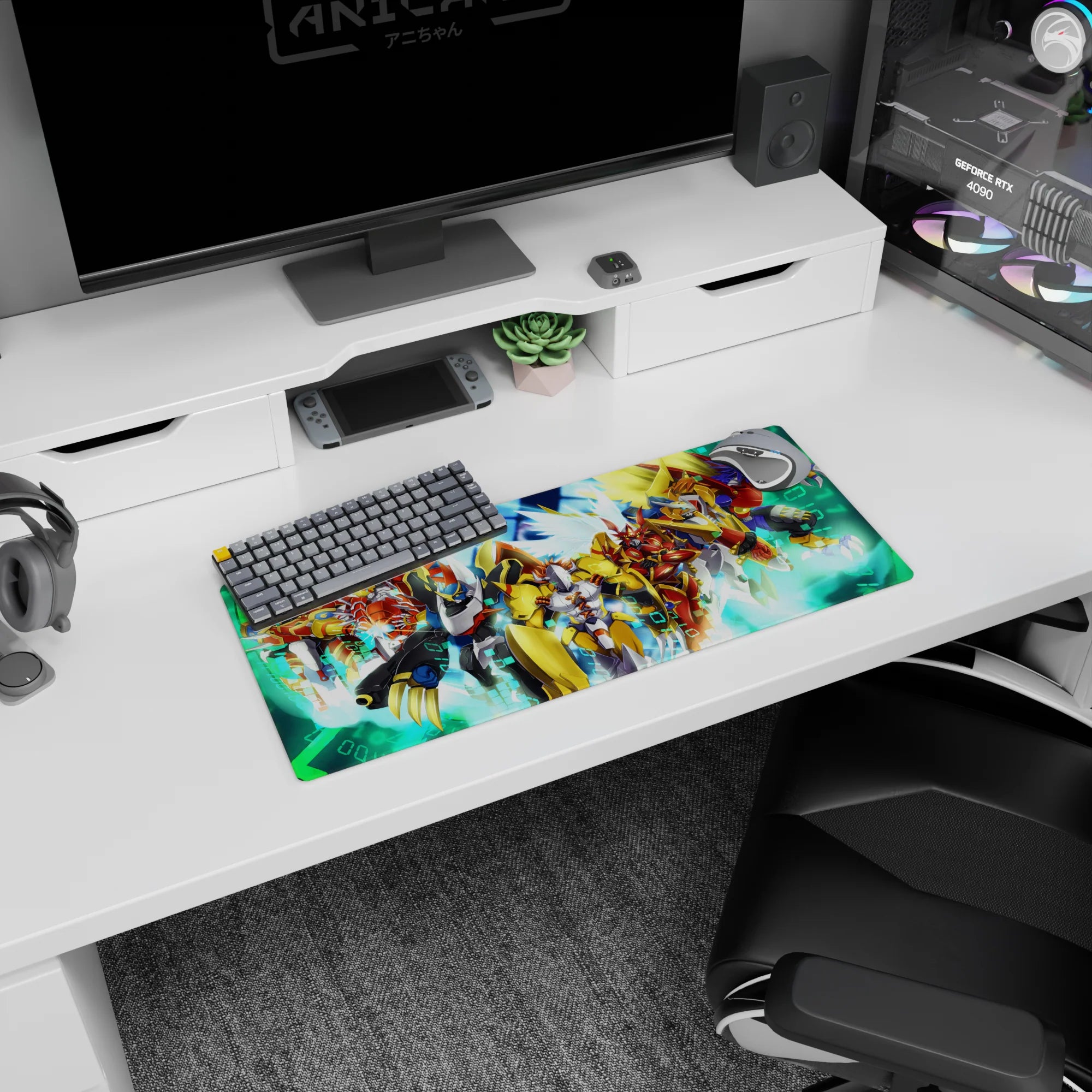 28x12 inches anime mouse pad showing a heroic mecha lineup charging through a neon data-grid battle scene.