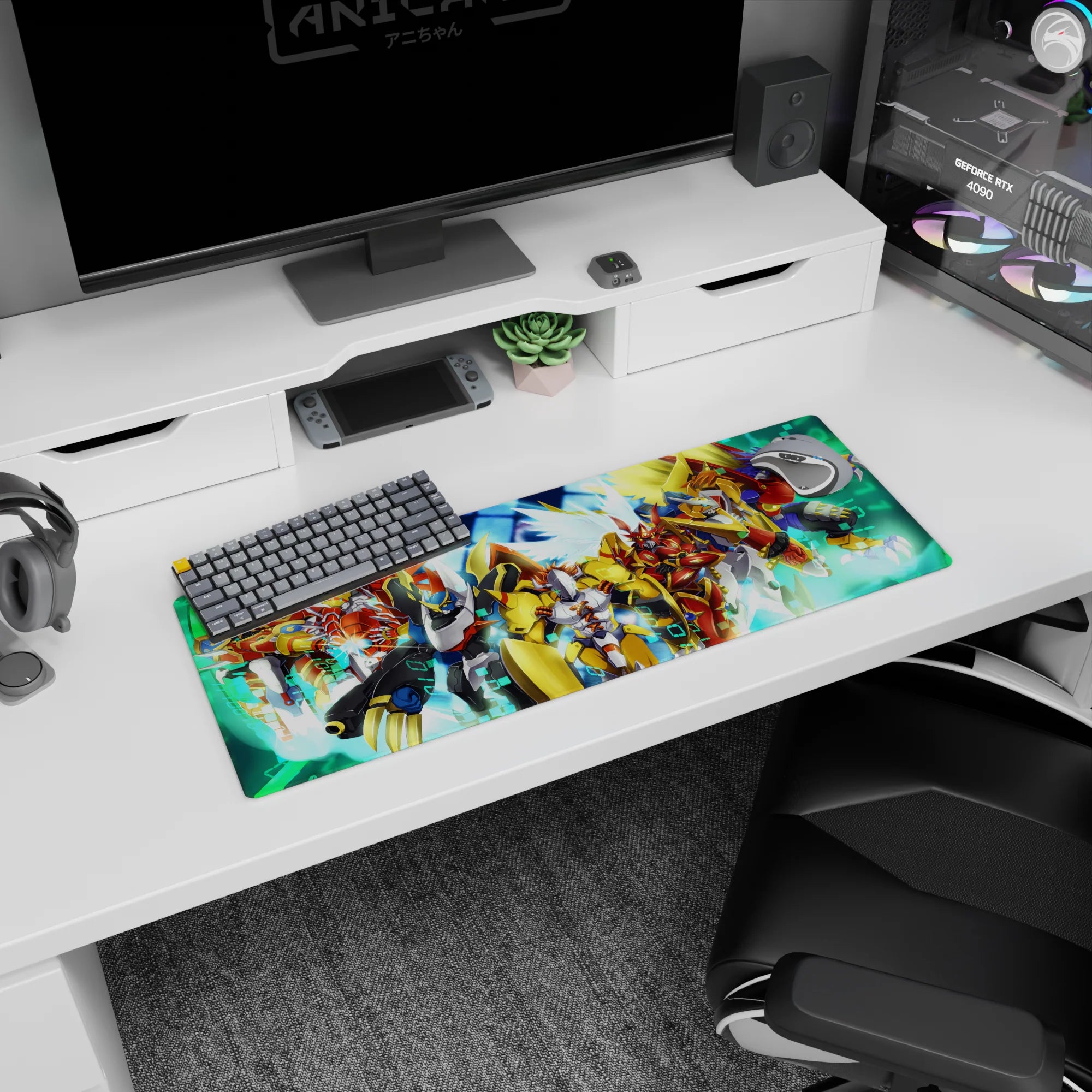 32x12 inches anime mouse pad showing heroic mecha lineup charging forward, sharp silhouettes over data-grid.