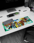32x12 inches anime mouse pad showing heroic mecha lineup charging forward, sharp silhouettes over data-grid.