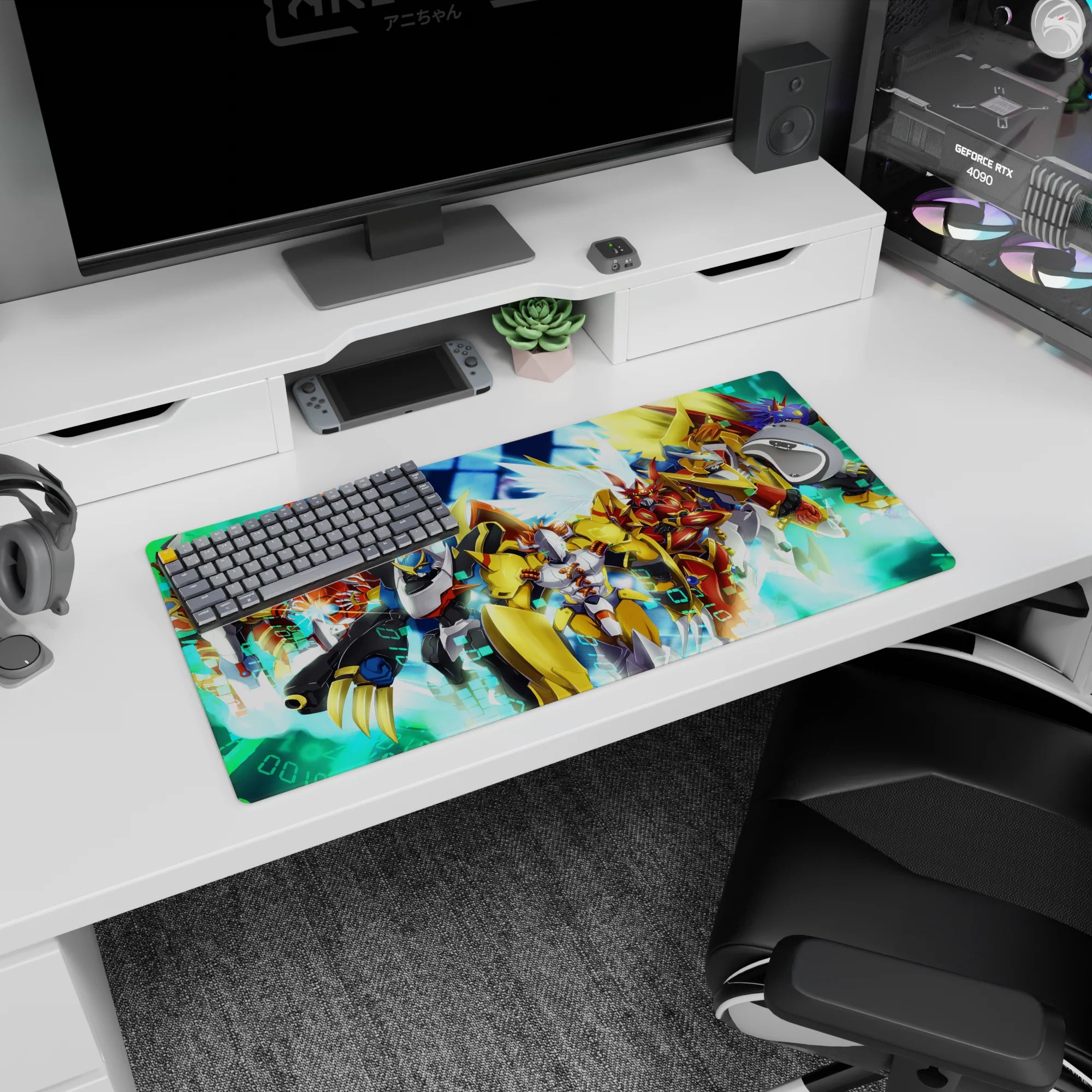 32x16 inches anime mouse pad showing a heroic lineup of mecha charging forward through a digital storm.