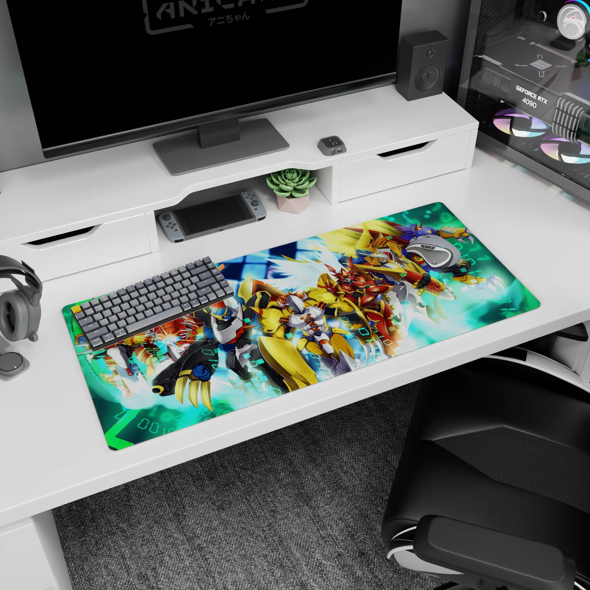 36x16 inches anime desk pad showing heroic mecha lineup charging forward, sharp silhouettes and neon grid.