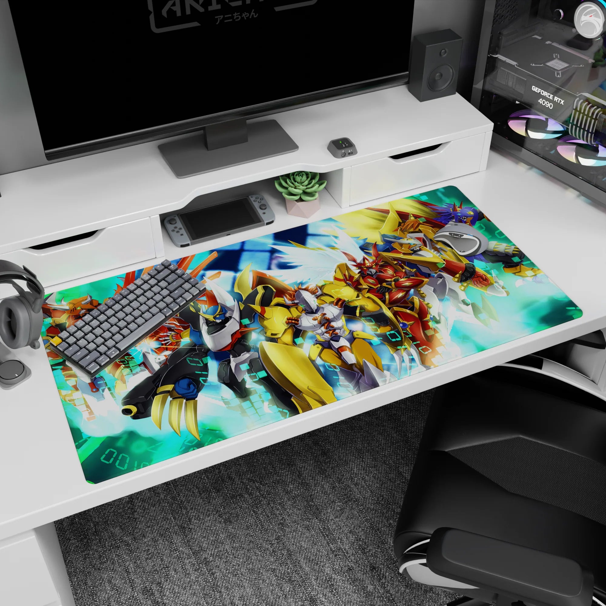 40x20 inches anime desk pad showing heroic mecha lineup charging forward, sharp silhouettes over neon grid.