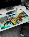 40x20 inches anime desk pad showing heroic mecha lineup charging forward, sharp silhouettes over neon grid.