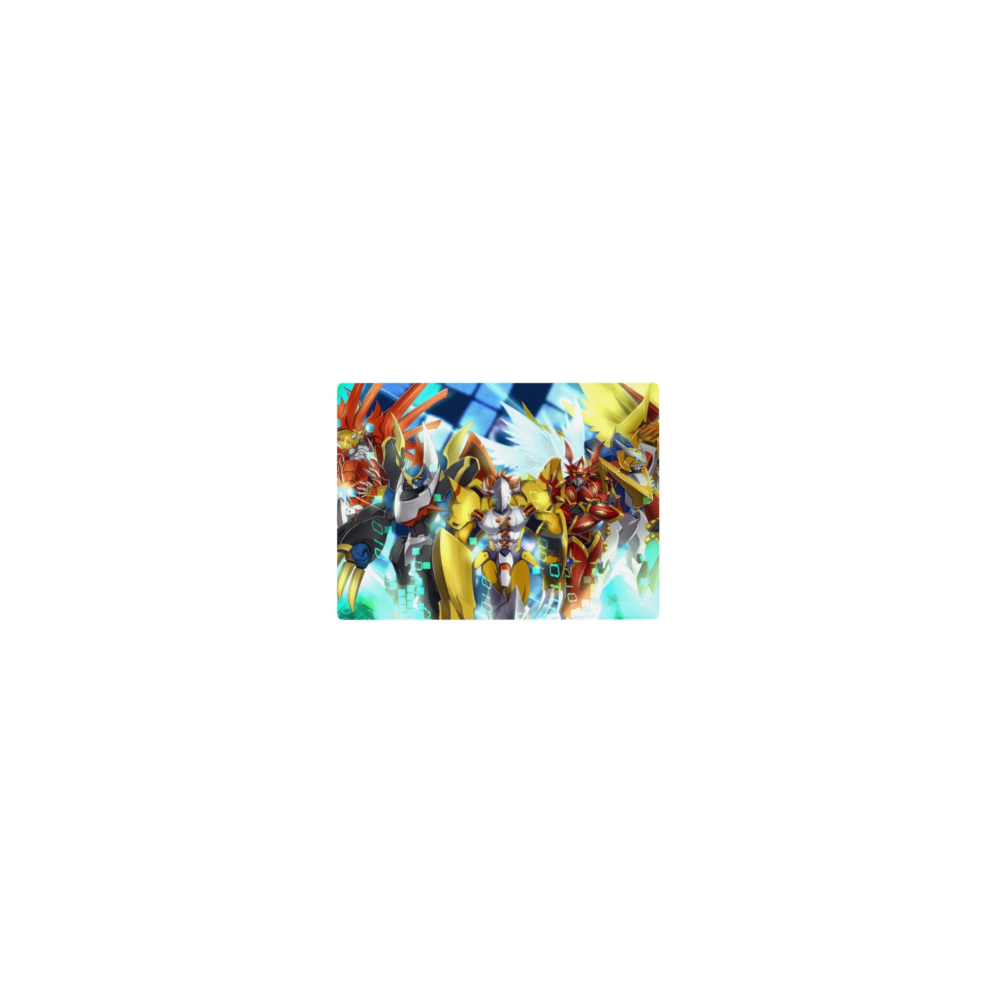 Classic anime mouse pad 14x10 inches with armored mecha squad, blades drawn, wings flared on neon grid.