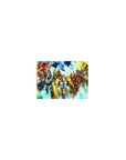 Classic anime mouse pad 14x10 inches with armored mecha squad, blades drawn, wings flared on neon grid.
