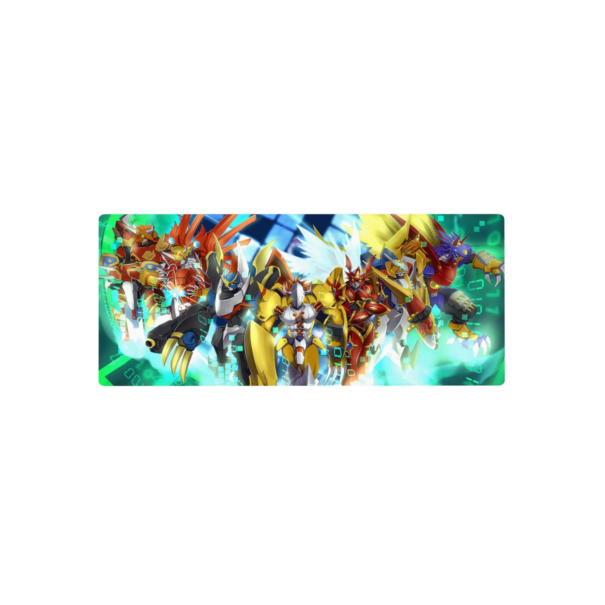 28x12 inches anime mouse pad with a squad of armored mecha, blades drawn, wings flared on a neon grid.