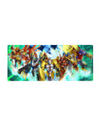 28x12 inches anime mouse pad with a squad of armored mecha, blades drawn, wings flared on a neon grid.