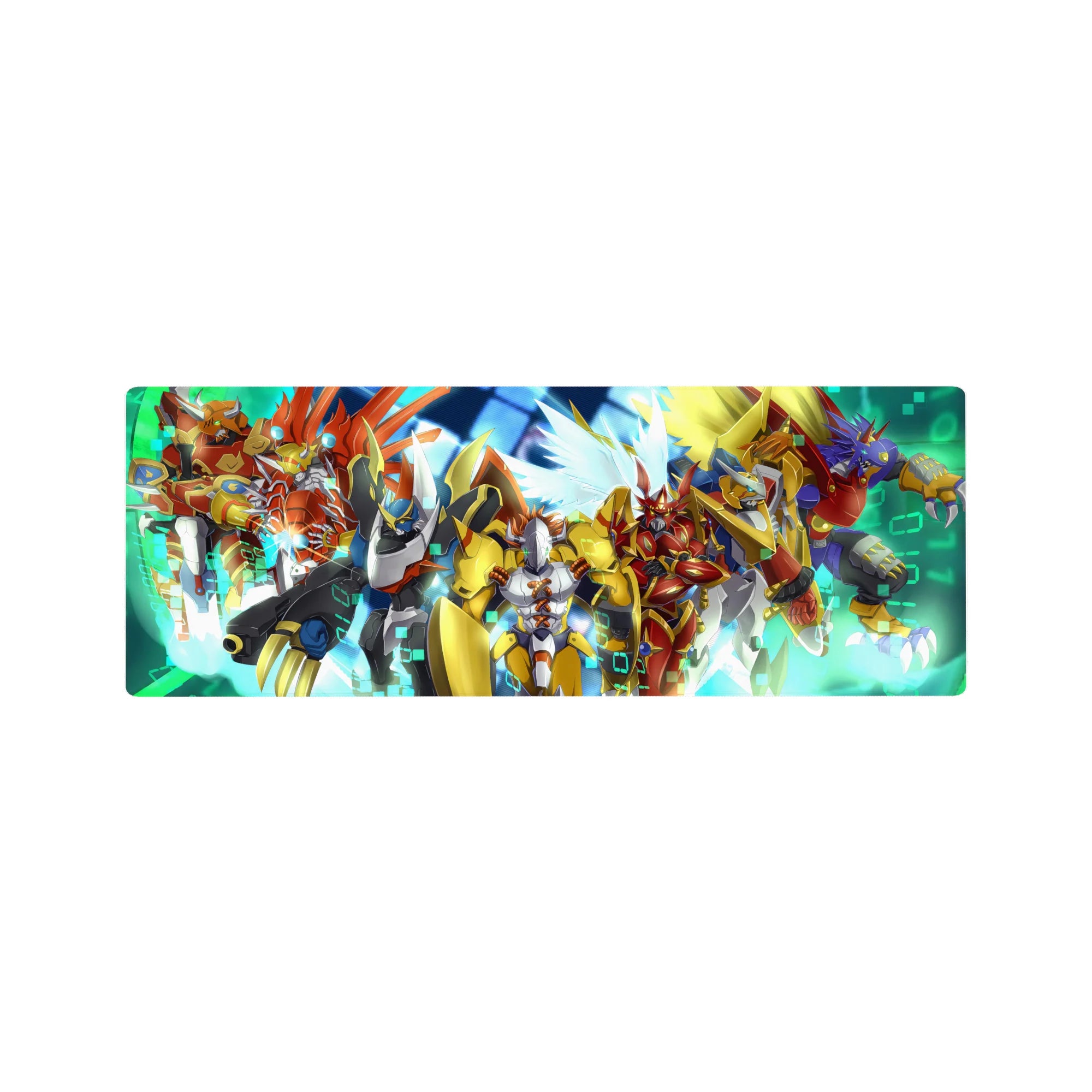 32x12 inches anime mouse pad with a squad of armored mecha, blades drawn, wings flared on neon grid.