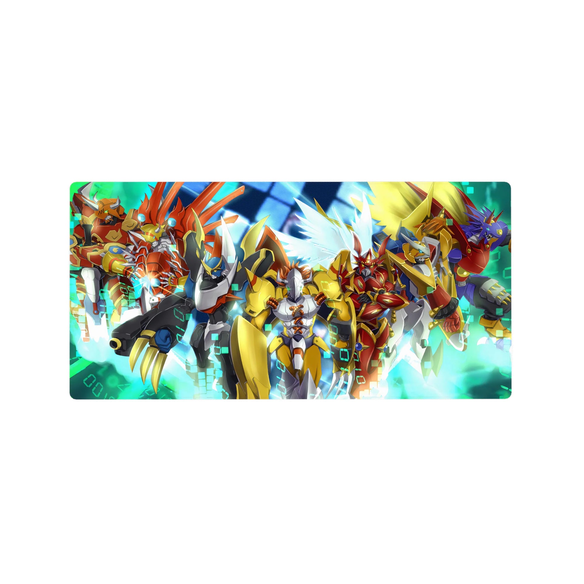 32x16 inches anime mouse pad with armored mecha squad, blades drawn, wings flared on neon data-grid.
