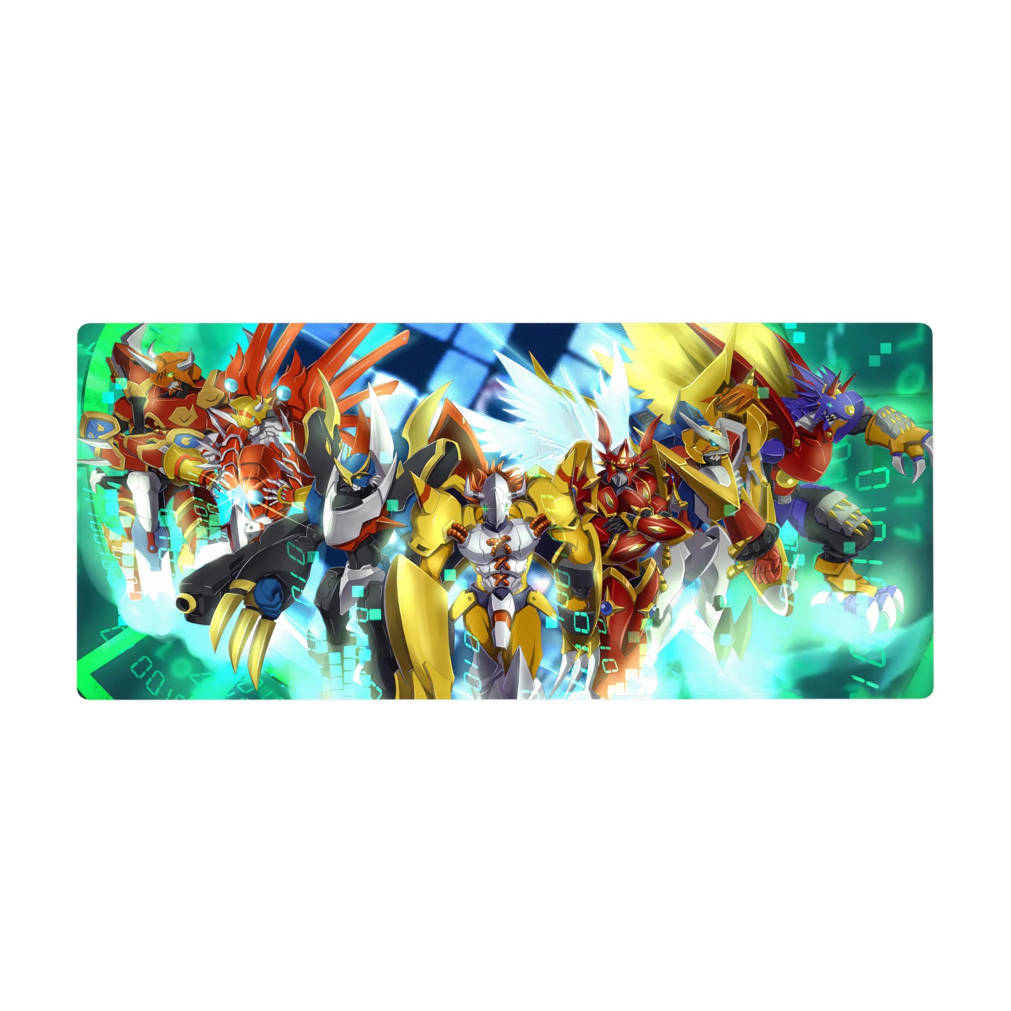 Anime desk pad 36x16 inches with armored mecha squad, wings flared, blades drawn on neon data-grid.