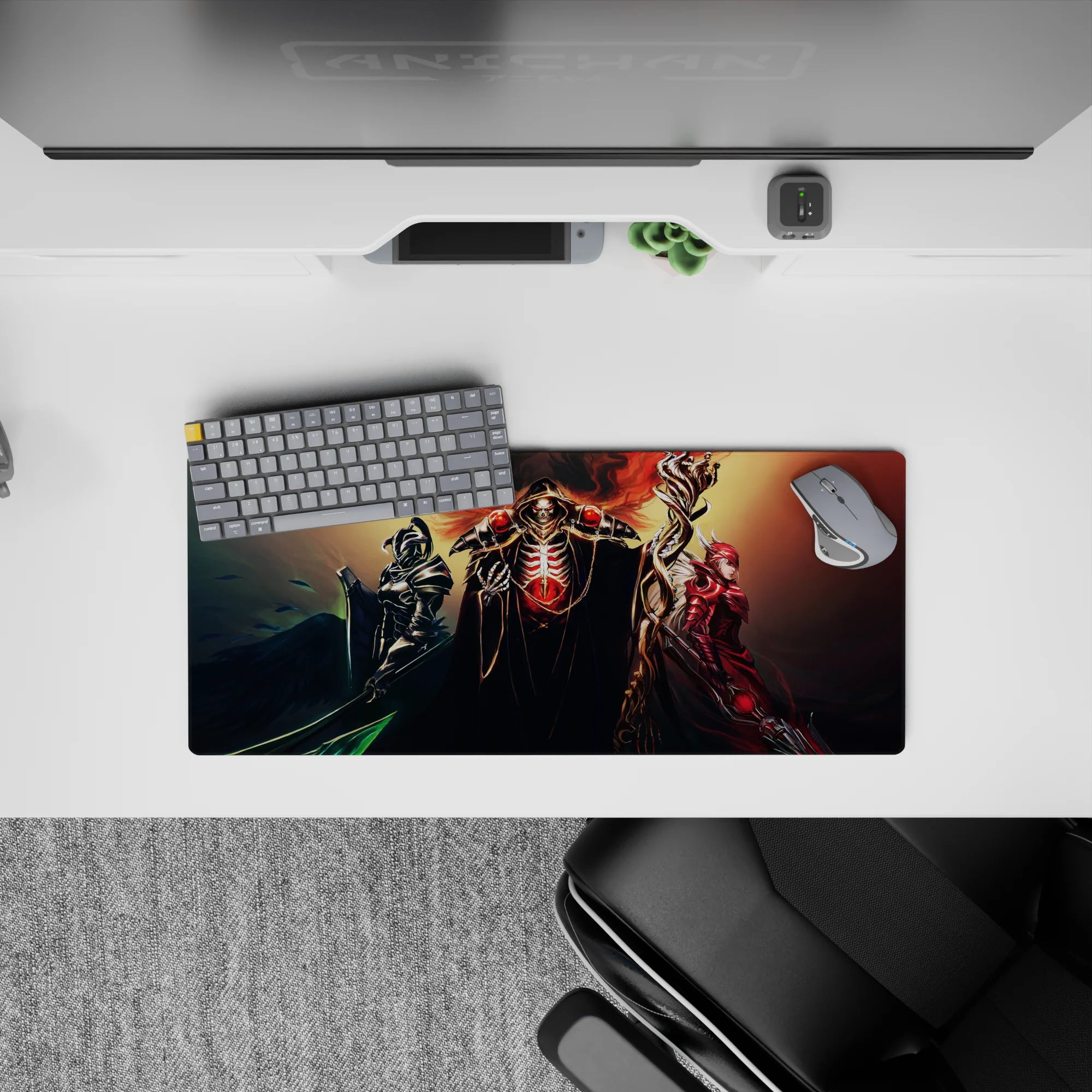Overlord anime mouse pad with crimson core and ebony-scarlet guardians, 28x12 inches, featuring dominant golds, blacks, deep reds.