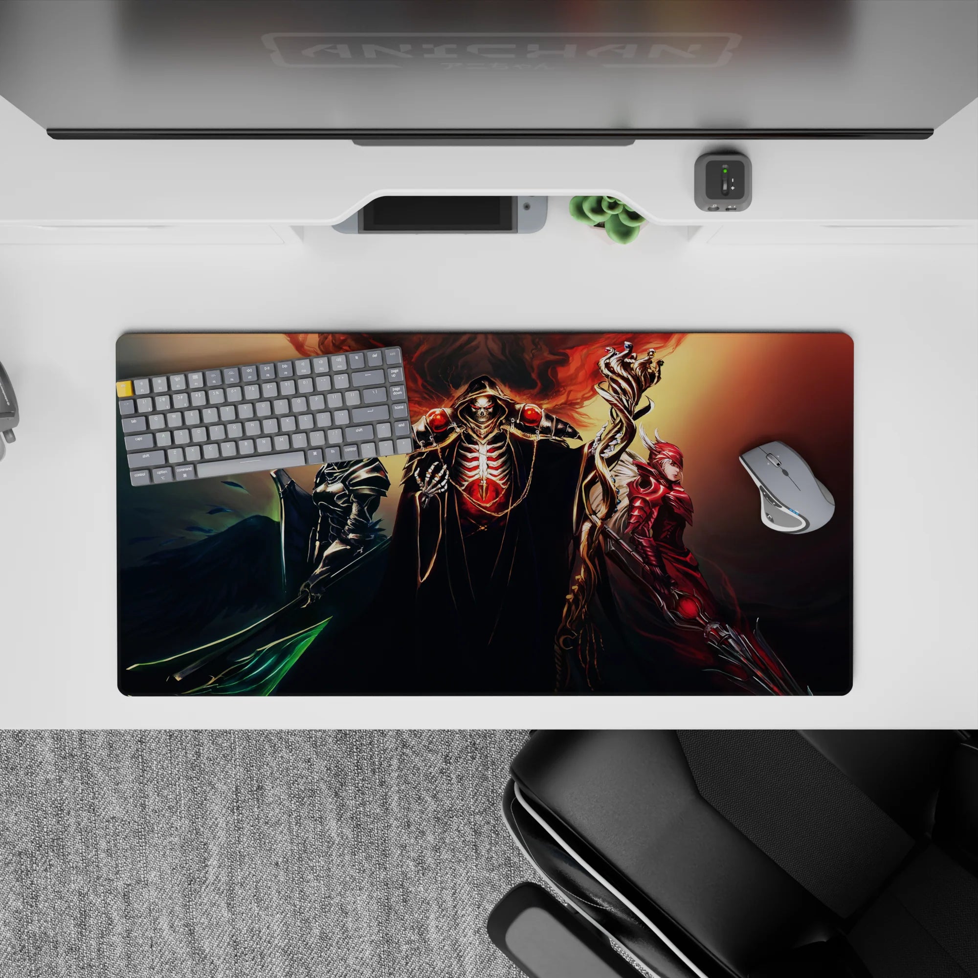 Overlord anime mouse pad 32x16 inches featuring a powerful trio, with a glowing crimson core and ebony-scarlet armored guardians.