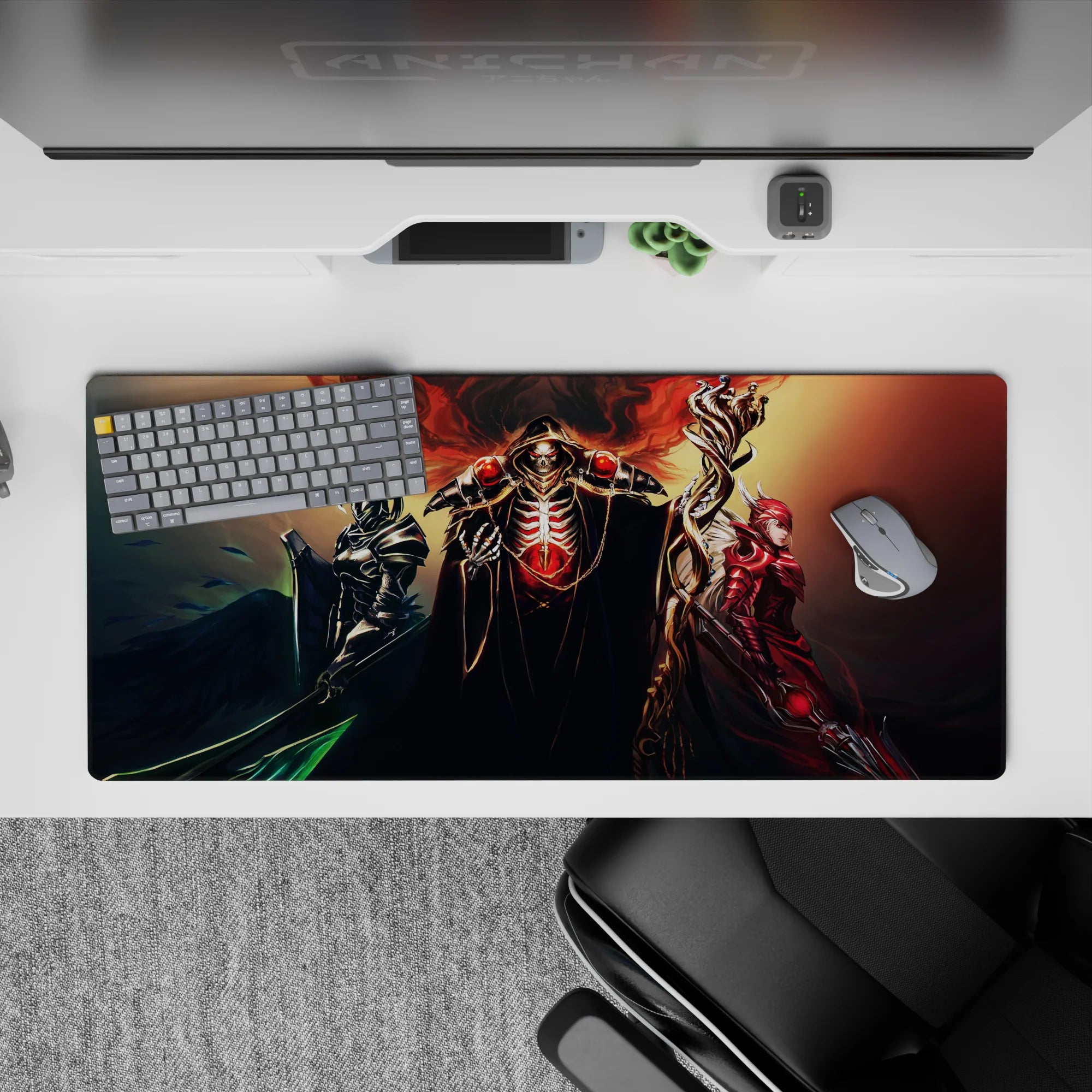 Overlord anime desk pad 36x16 inches featuring crimson core and ebony-armored guardians, radiating power and dominance.