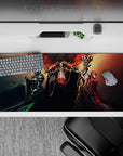 Overlord anime desk pad 36x16 inches featuring crimson core and ebony-armored guardians, radiating power and dominance.