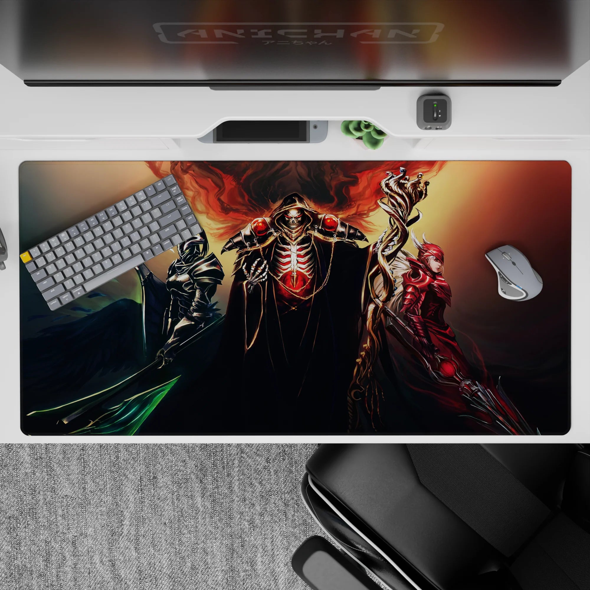 Overlord anime desk pad 40x20 inches featuring crimson core and armored guardians in gold, black, and deep red.