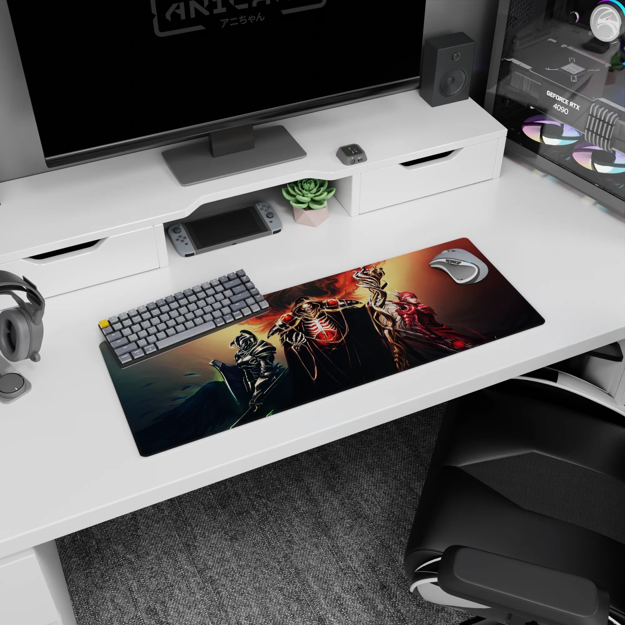 Overlord anime mouse pad 32x12 inches featuring a powerful trio with crimson, ebony, and scarlet armor, exuding dominance.