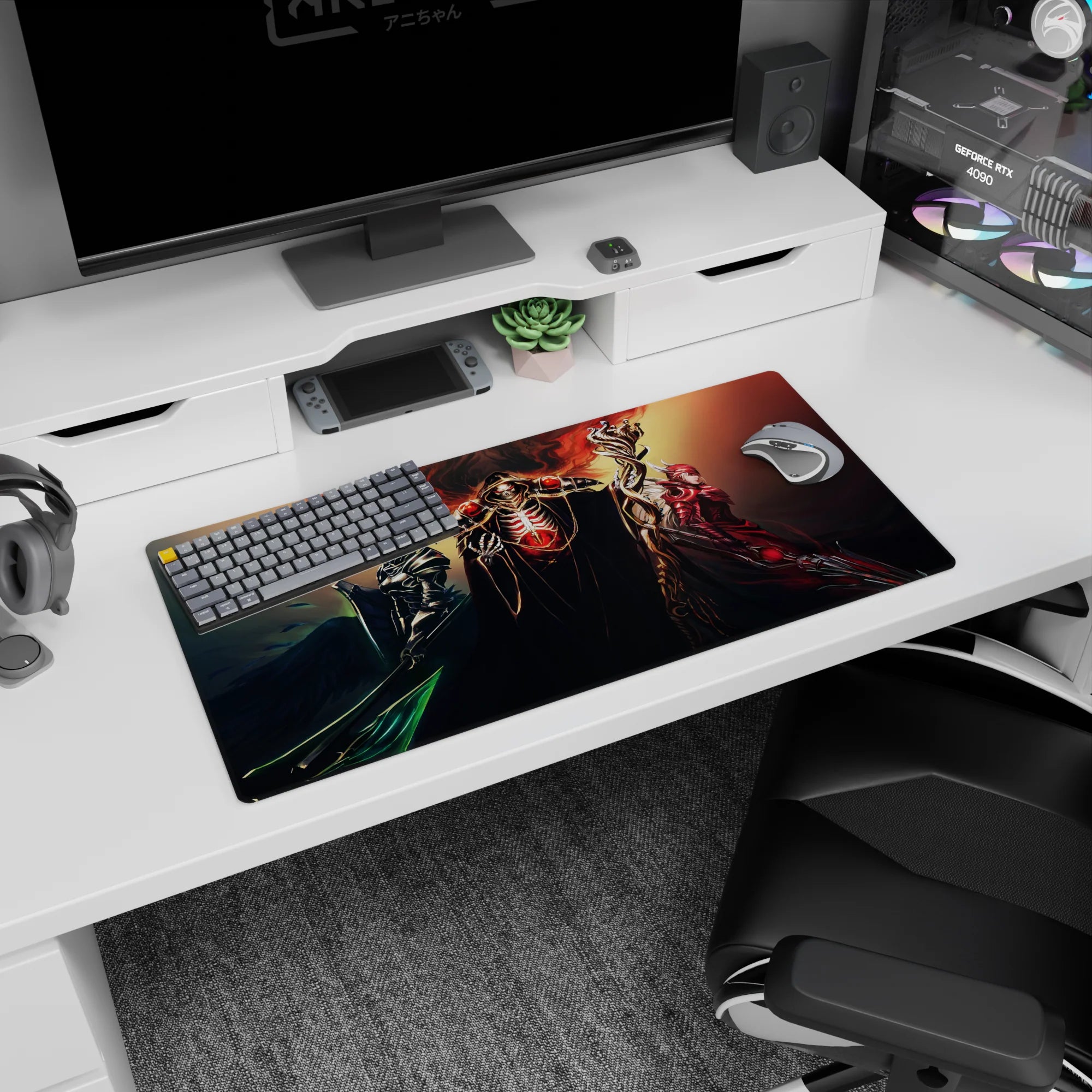 Overlord anime mouse pad 32x16 inches featuring crimson core with ebony and scarlet armored guardians, exuding power.