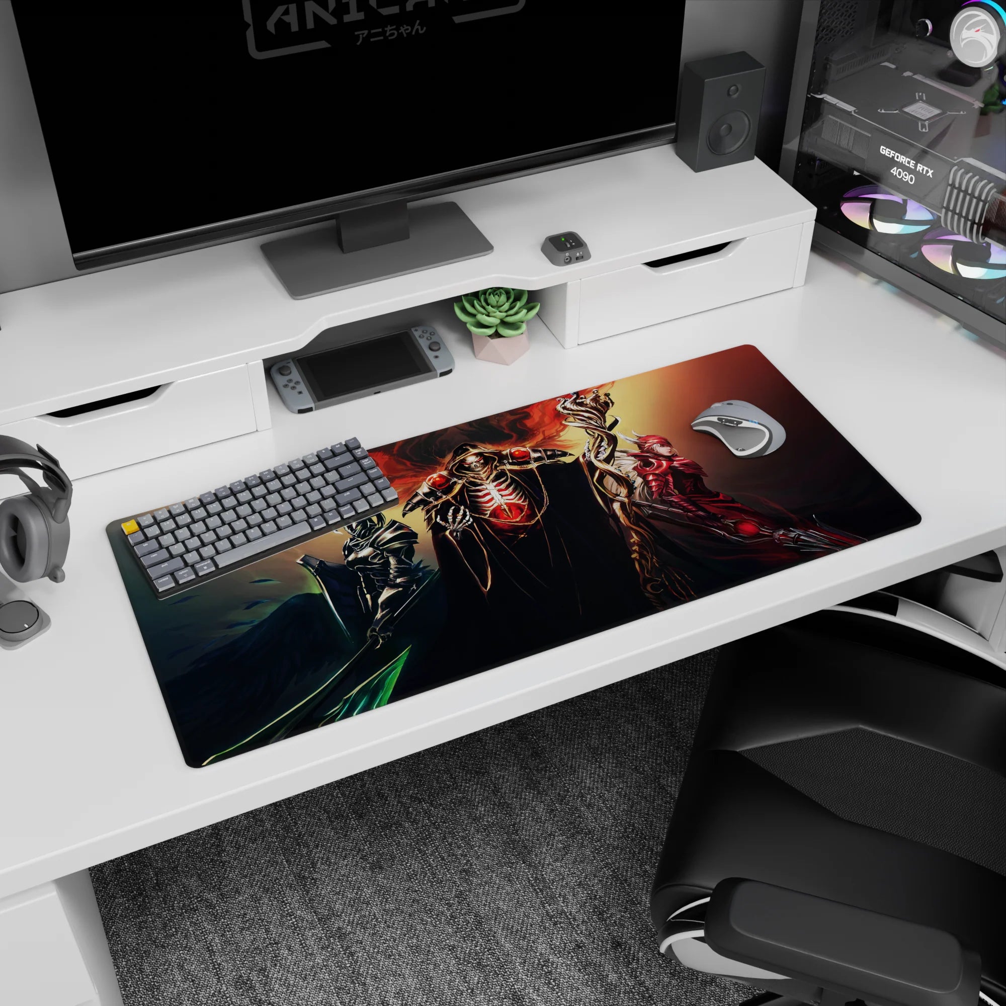 Overlord anime desk pad 36x16 inches featuring crimson core and dark armored guardians, ideal for dominating your workspace.