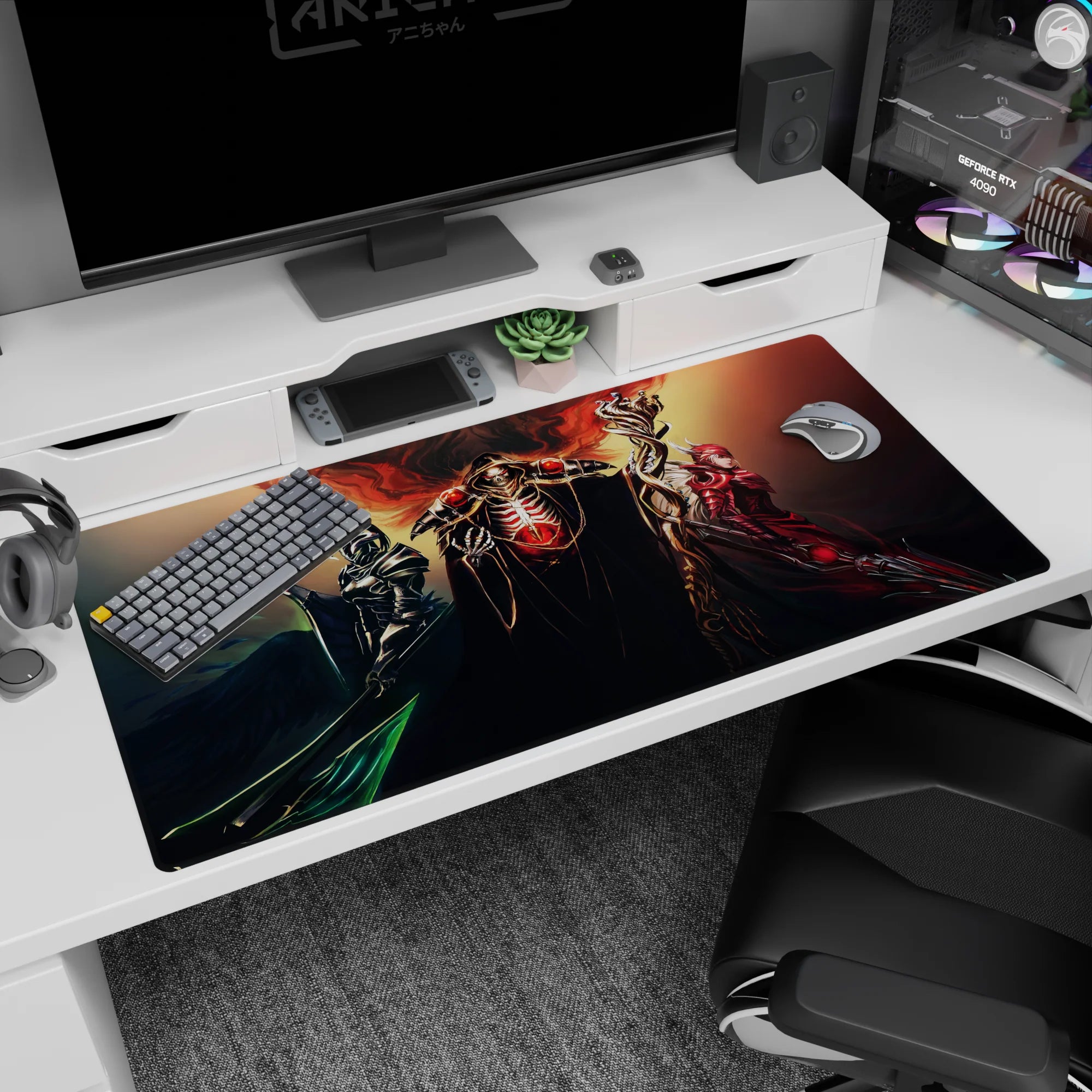 Anime desk pad 40x20 inches featuring Overlord trio with crimson core, ebony, scarlet armor, gold, black, deep red tones.