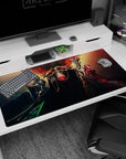 Anime desk pad 40x20 inches featuring Overlord trio with crimson core, ebony, scarlet armor, gold, black, deep red tones.