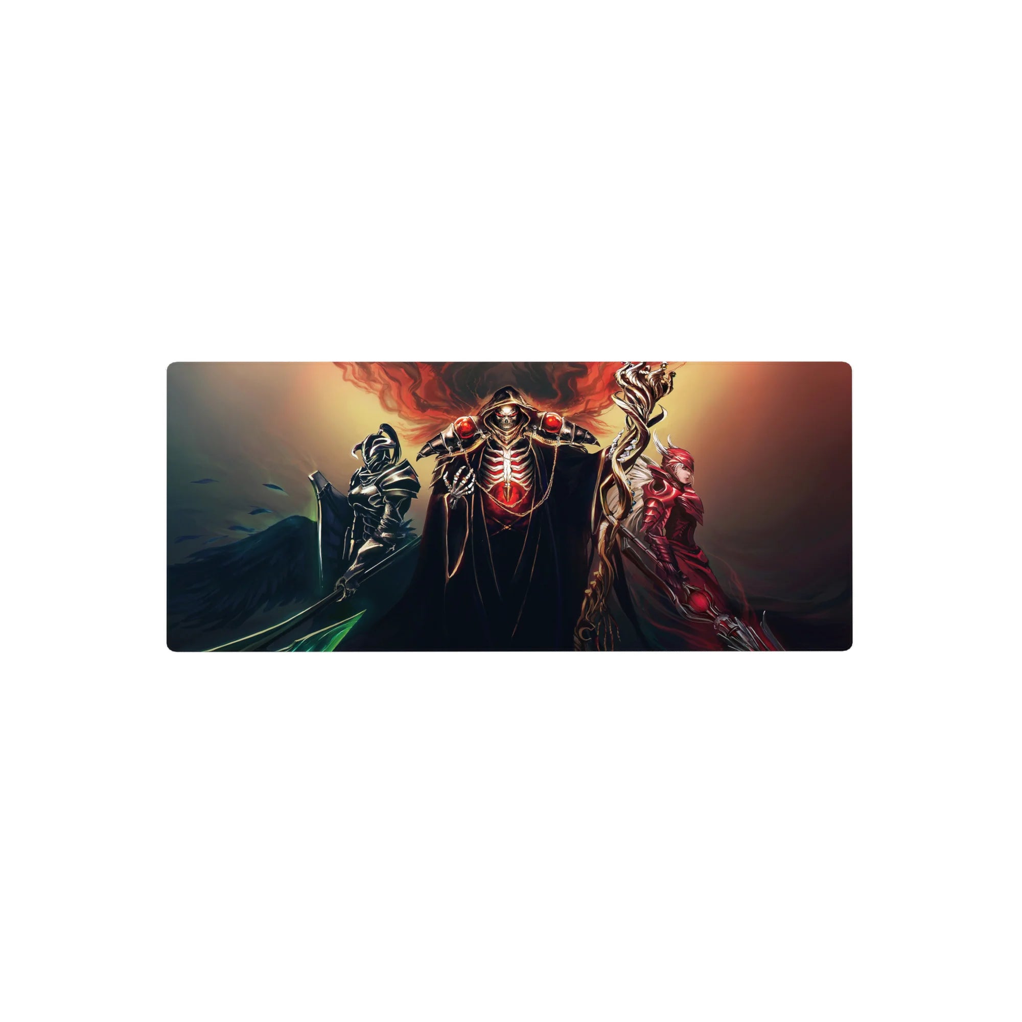 Overlord anime mouse pad 28x12 inches featuring a powerful trio, with a glowing crimson core, ebony, and scarlet guardians.
