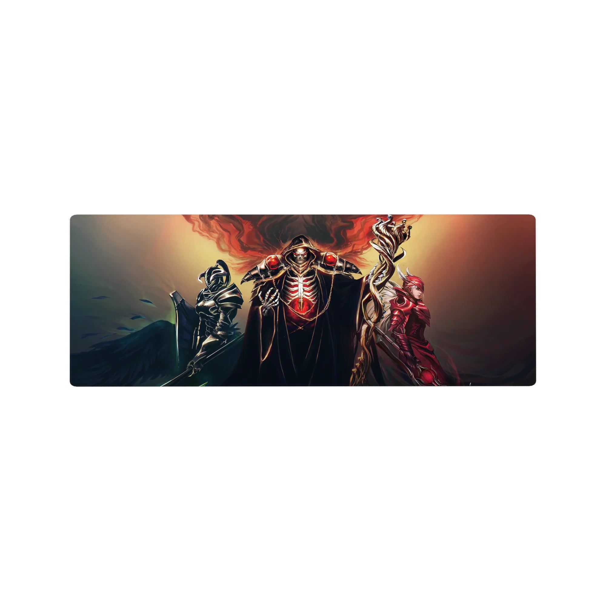 Overlord anime mouse pad 32x12 inches featuring a powerful trio with ebony, scarlet armor, and a glowing crimson core.