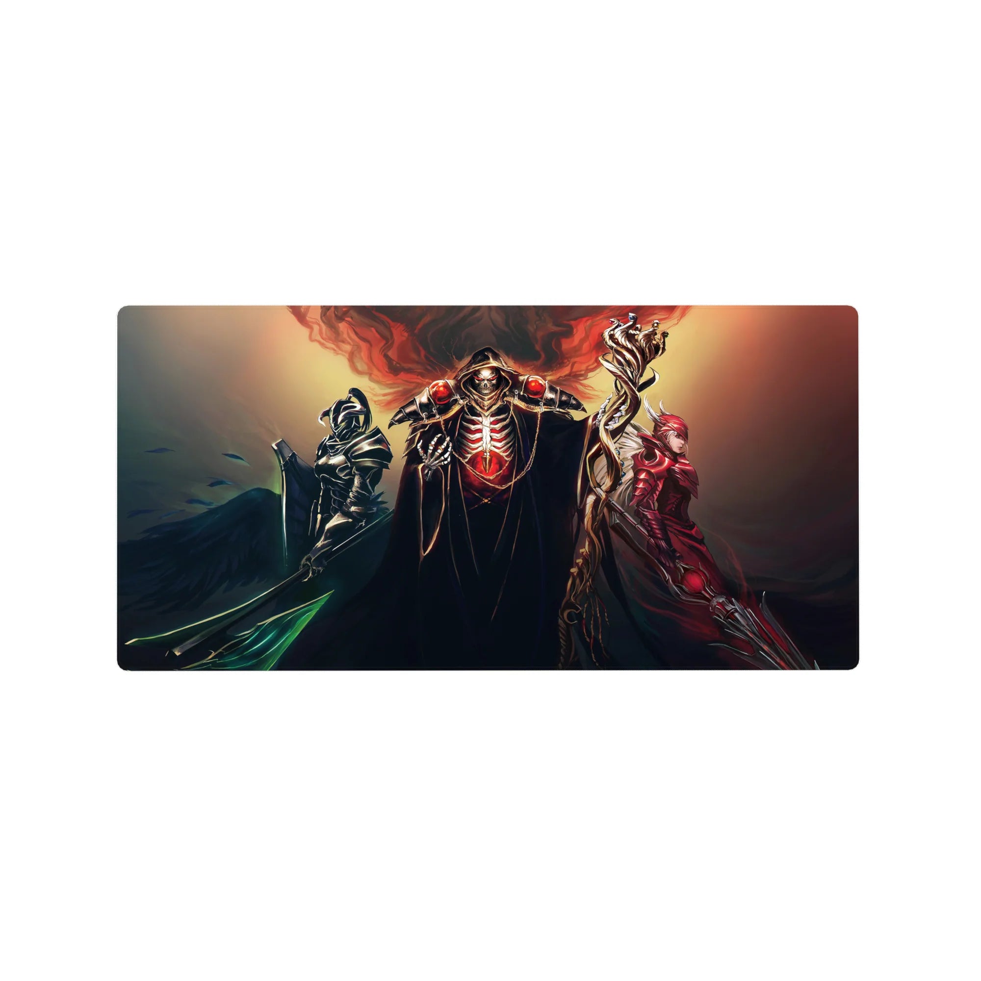 Anime mouse pad 32x16 inches featuring Overlord trio with crimson core, ebony and scarlet armored guardians, exuding power.