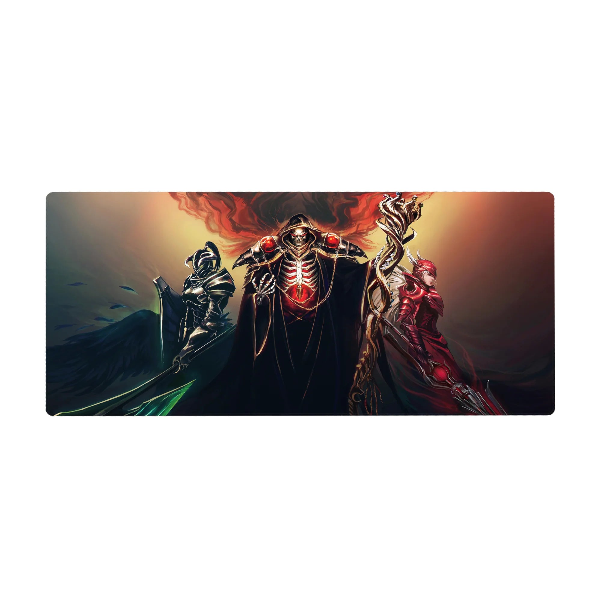 Overlord anime desk pad 36x16 inches featuring a powerful trio with crimson, ebony, and scarlet armored characters.