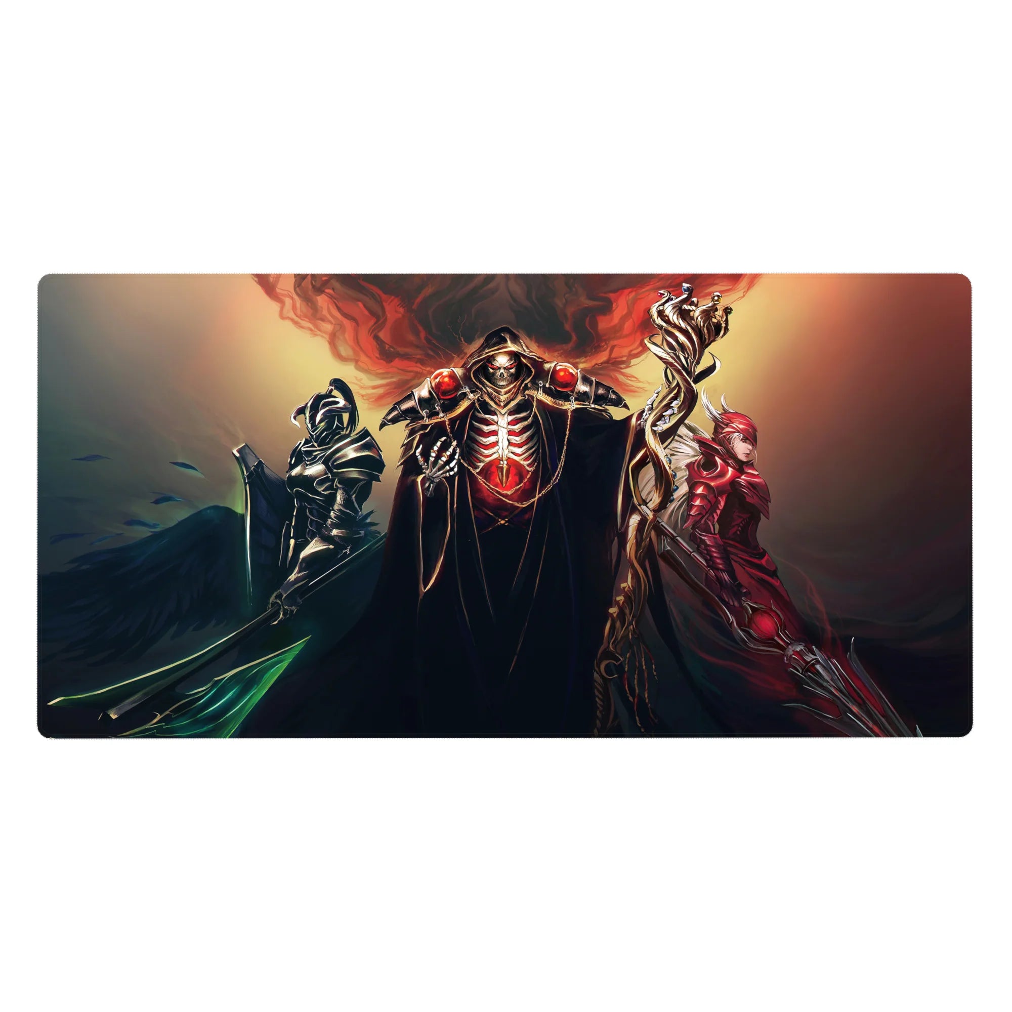 Overlord anime desk pad 40x20 inches featuring a dynamic trio in crimson, ebony, and scarlet armor, exuding power and dominance.
