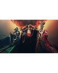 Overlord anime desk pad 40x20 inches featuring a dynamic trio in crimson, ebony, and scarlet armor, exuding power and dominance.