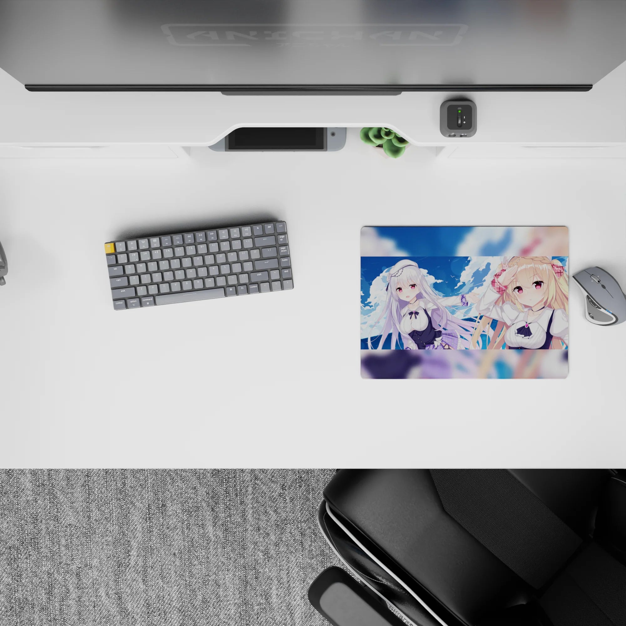 Pastel blue and purple anime mouse pad 14x10 inches with fluffy clouds, cozy vibe, clean white tones.