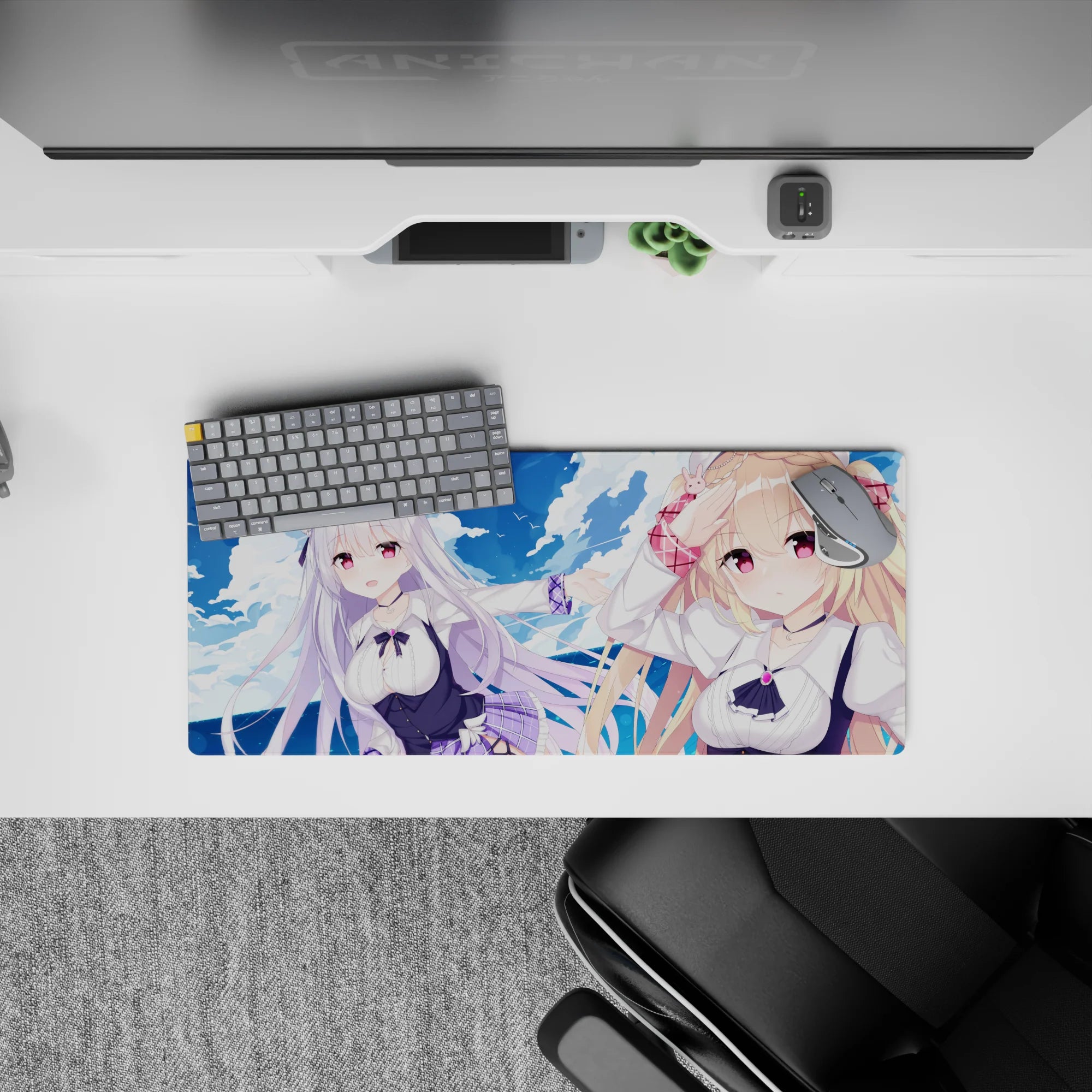 Ocean blue and cloud theme anime girl mouse pad 28x12 inches in soft purples, clean whites, cozy vibe.