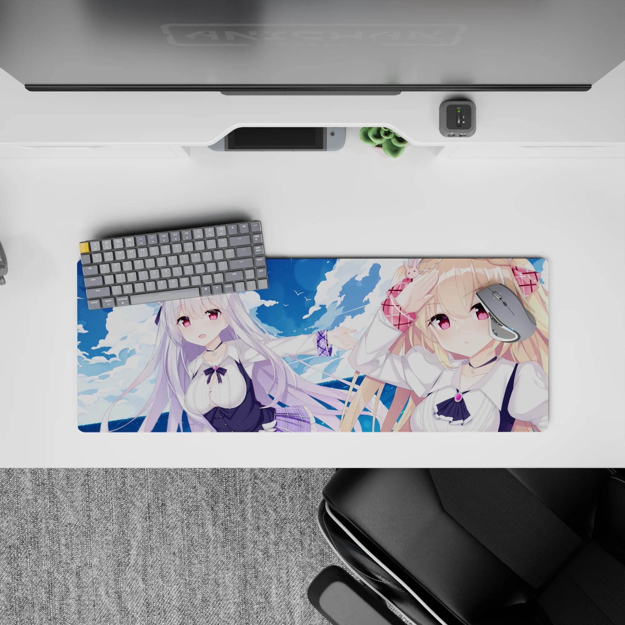 32x12 inches anime desk mouse pad in dreamy ocean blues, soft purples, clean whites, cozy cute vibe.
