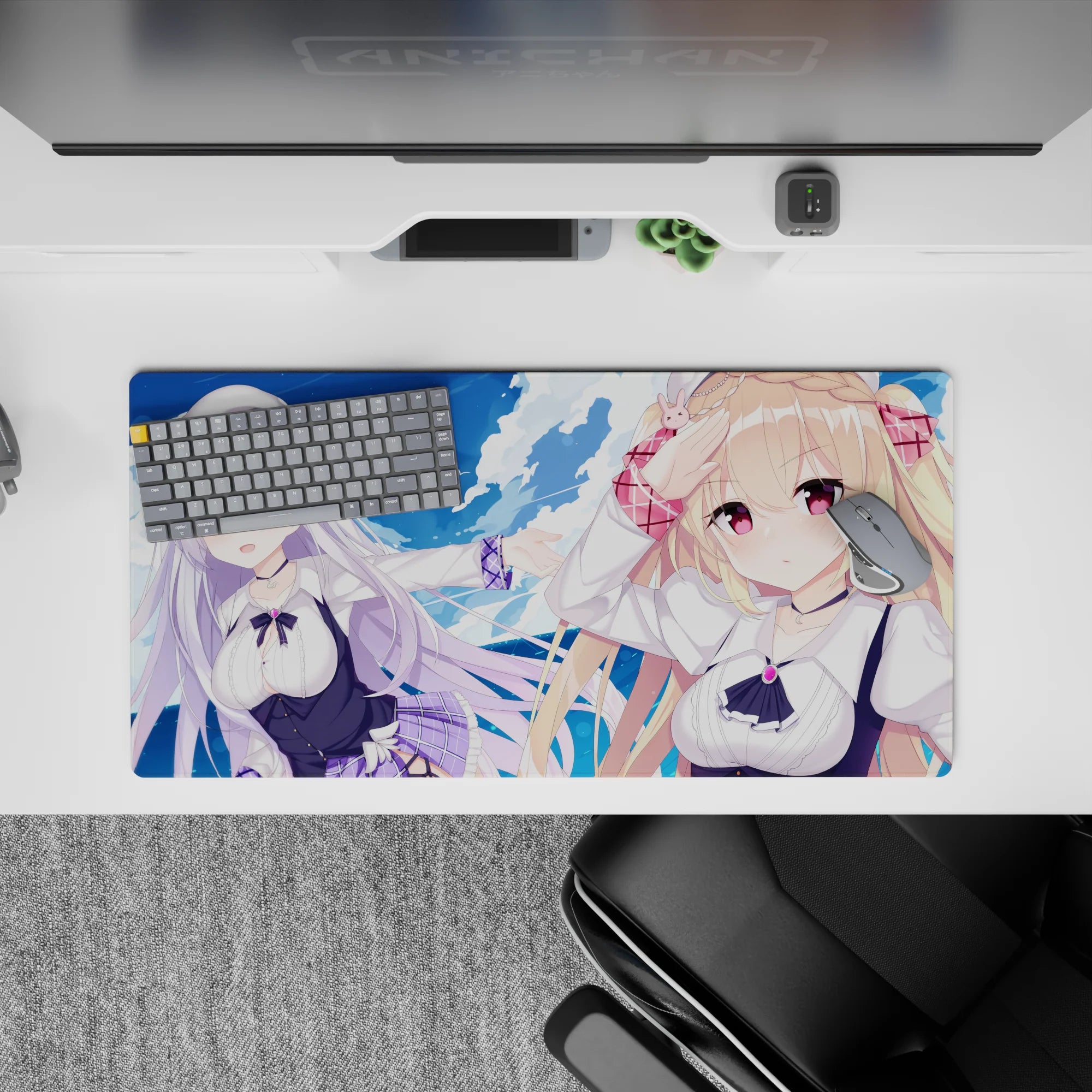32x16 inches anime desk mouse pad in dreamy ocean blues, soft purples, clean whites, and fluffy clouds.