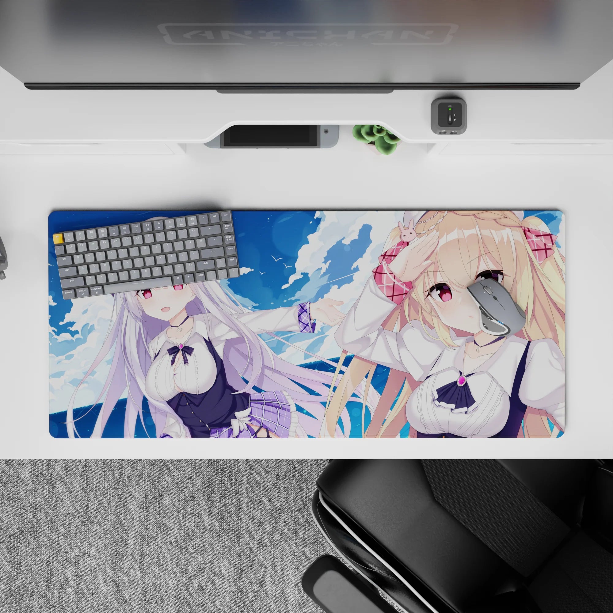 36x16 inches desk pad in dreamy ocean blues, soft purples, and clean whites for a cozy anime vibe.