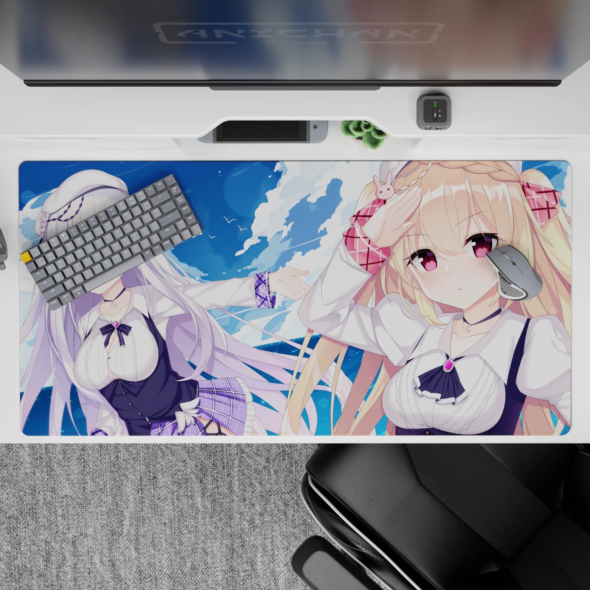 40x20 inches anime desk pad in dreamy ocean blues, soft purples, and clean whites for a cozy vibe.